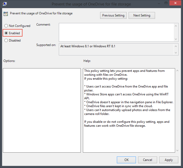 Enable the “Prevent the usage of OneDrive for file storage Setting” setting to disable OneDrive