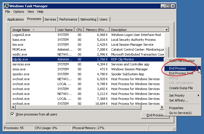 End rdpclip.exe process from the Task Manager, don’t forget to run it again afterward!